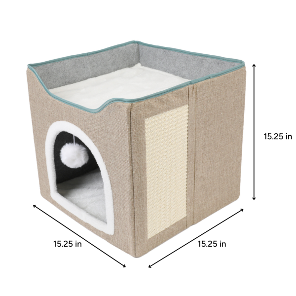 Bunk Bed Cat Cave with Scratcher, Beige/Blue - Image 2