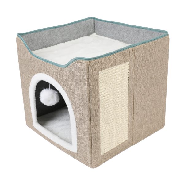 Bunk Bed Cat Cave with Scratcher, Beige/Blue